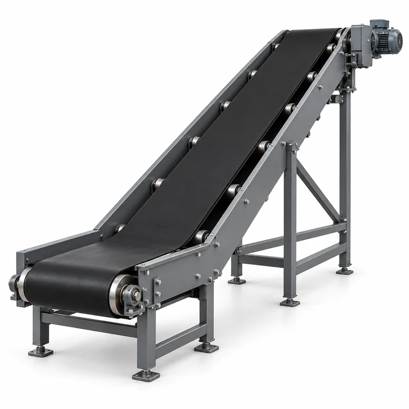 Industrial belt conveyor on a steel support frame